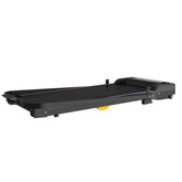 Top view of the black portable under-desk treadmill with textured running surface, LED display, and control buttons