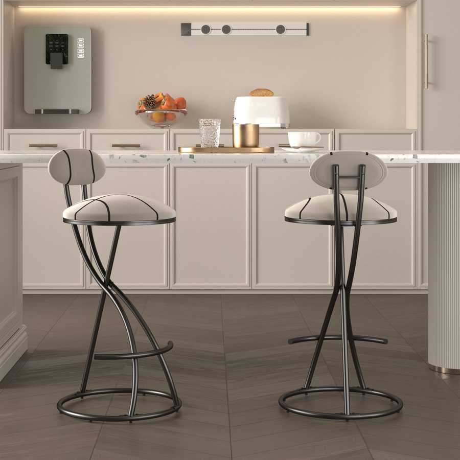 Upholstered Bar Stools Set of 2 Striped Counter Height Barstools Modern Velvet Dining Chairs for Kitchen Island, Living Room (Black & Stripe) Default