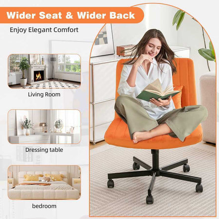 Orange Velvet Office Chair with wide seat and backrest shown in various home settings like bedroom, living room, and vanity area.
