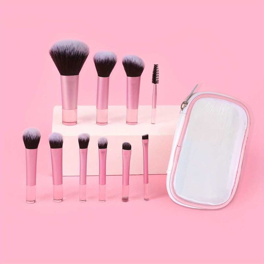 Compact 10-piece mini makeup brush set with pink handles and clear storage pouch. Includes face and eye brushes for versatile cosmetic use.