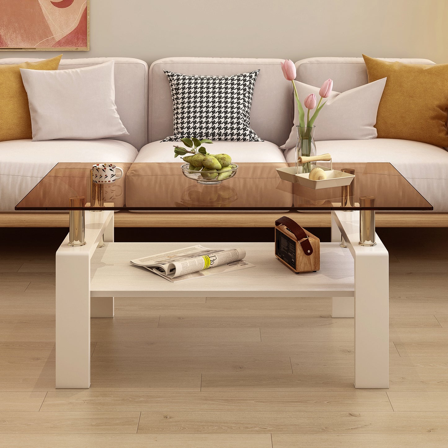 Modern Rectangular Coffee Table with Tempered Brown Glass Top and MDF Layer – Table for Living Room