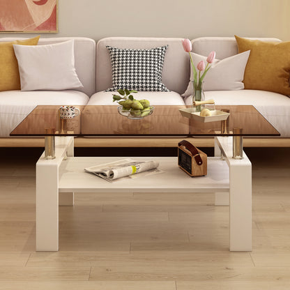 Modern Rectangular Coffee Table with Tempered Brown Glass Top and MDF Layer – Table for Living Room