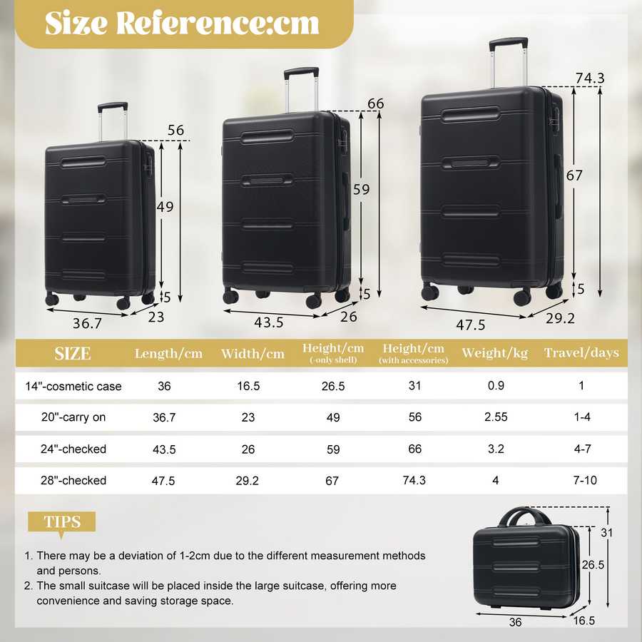 Size reference chart for suitcases with dimensions and weight.