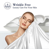 Woman lying on a white satin sheet with &