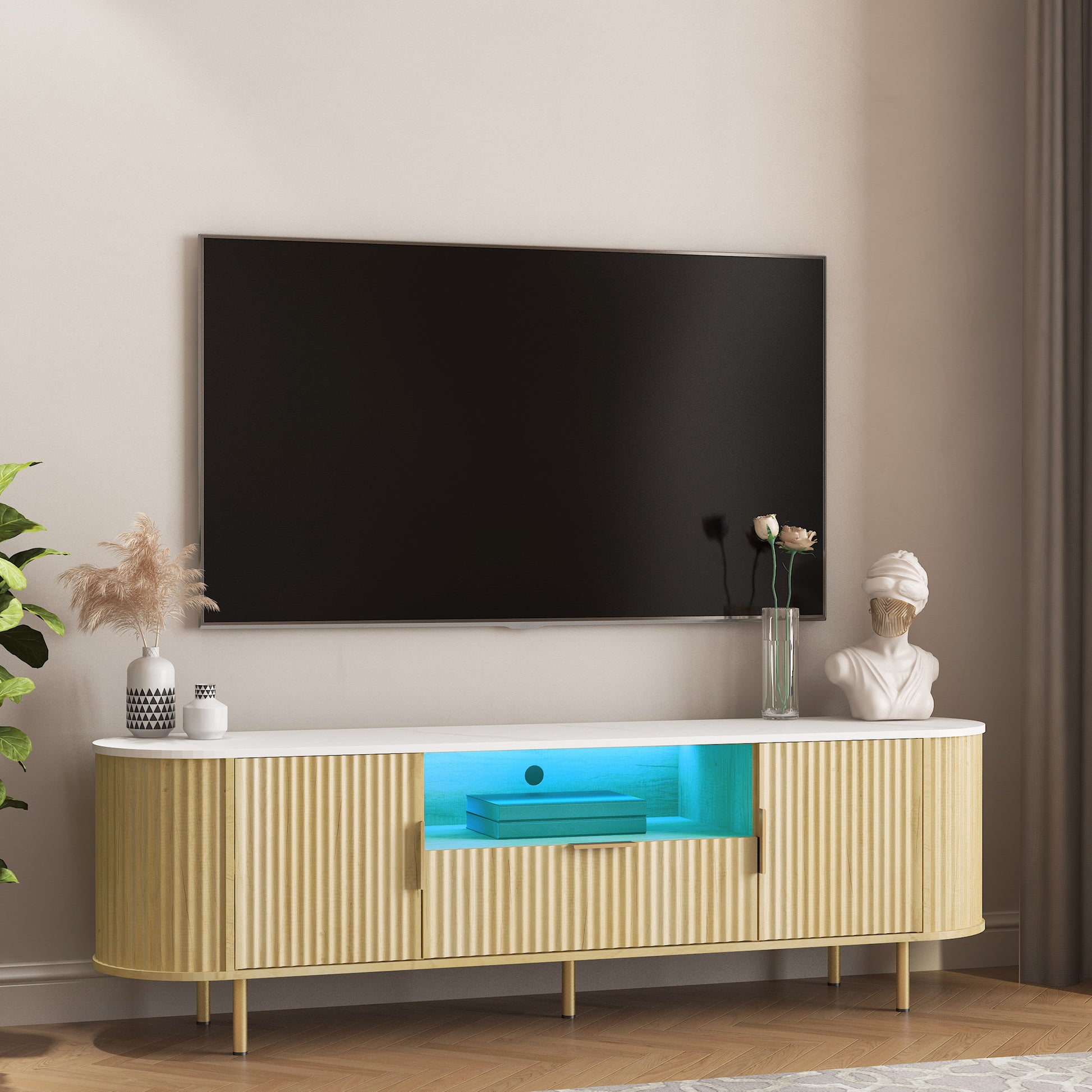 Modern LED TV Stand with Storage for 55+ Inch TVs in a corner view, showcasing ribbed wood texture and ambient LED lighting.