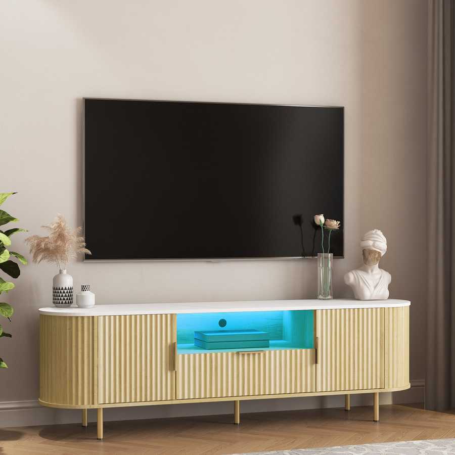 Modern LED TV Stand with Storage for 55+ Inch TVs in a corner view, showcasing ribbed wood texture and ambient LED lighting.