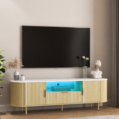 Modern LED TV Stand with Storage for 55+ Inch TVs in a corner view, showcasing ribbed wood texture and ambient LED lighting.