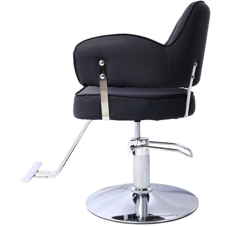 Side view of Salon Styling Chair for Hair Stylist showing thick seat cushion and chrome hydraulic pump for adjustable height.