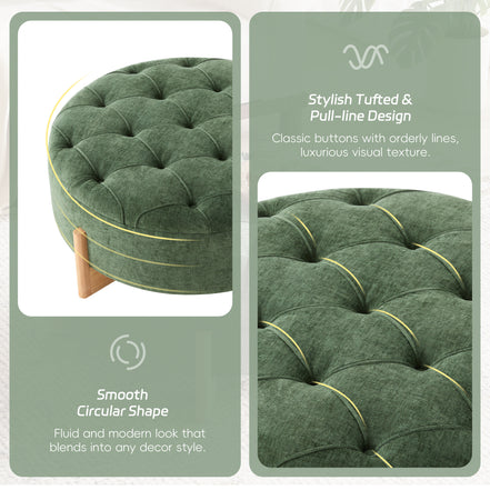 Green tufted ottoman with text describing its design and features.
