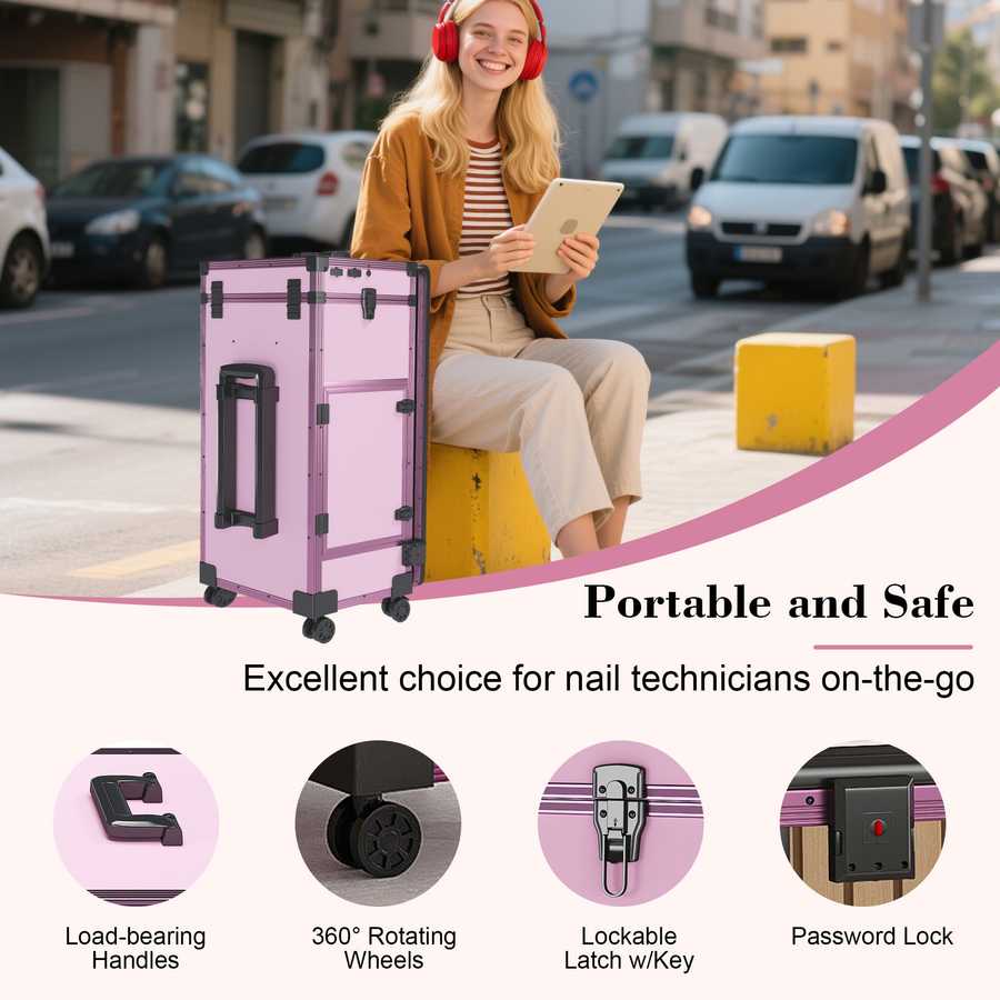 Woman using tablet outdoors with pink nail art case and lockable wheels