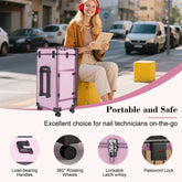Woman using tablet outdoors with pink nail art case and lockable wheels