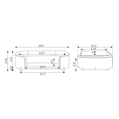 Technical diagram of small Scandinavian Elevated Dog Bed with detailed measurements of frame width, height, and cushion area for accurate fit.