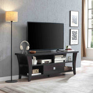 TV Stand with Storage for 60-69 inch TV featuring curved legs and divided shelf in modern living room setup with accessories.