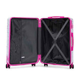 Pink printed spinner luggage set with extendable handle, 4 spinner wheels, and pink accents, ready for travel
