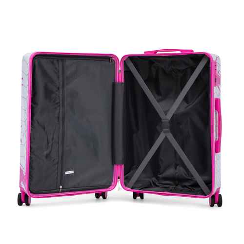 Pink printed spinner luggage set with extendable handle, 4 spinner wheels, and pink accents, ready for travel