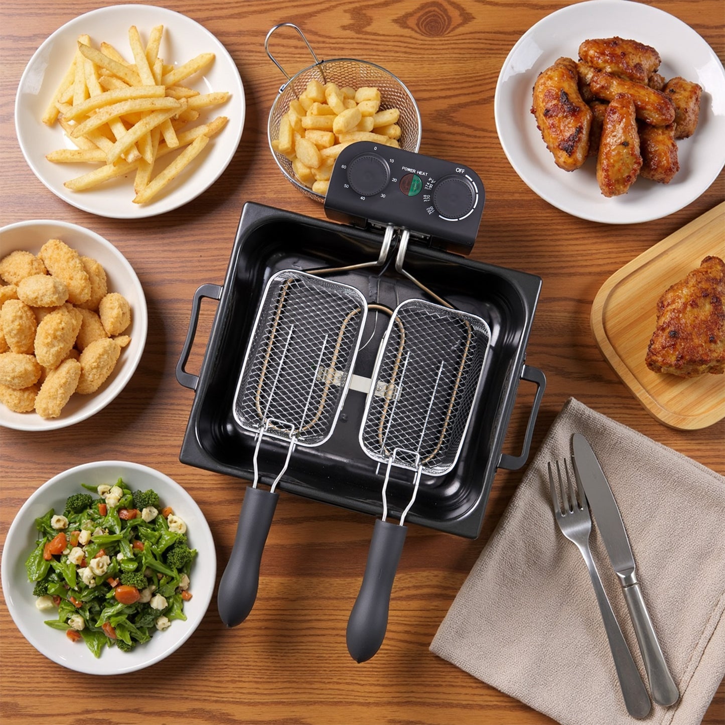 5L Deep Fryer with Basket, 1700W Electric Deep Fryer with Time & Temperature Control for Home Use, 3 Frying Baskets, Lid with View Window and Odor Free Filter, Stainless Steel, Dishwasher Safe