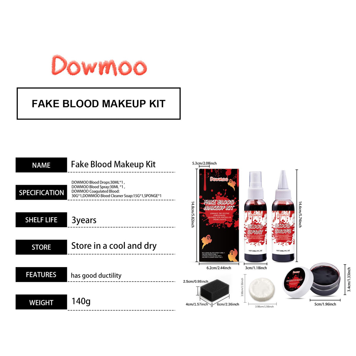 A product information graphic for the Dowmoo Fake Blood Makeup Kit. The image features the product components (a red liquid bottle, a blood spray bottle, a blood gel jar, and a sponge) along with their dimensions, specifications, and storage instructions on a plain white background.