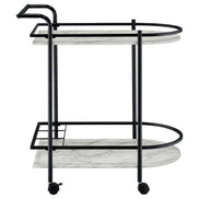 Side view of faux marble serving cart with wine rack showing sleek black frame and two spacious marble-style shelves.