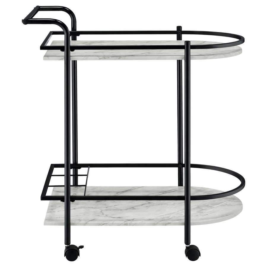 Side view of faux marble serving cart with wine rack showing sleek black frame and two spacious marble-style shelves.