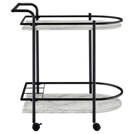 Side view of faux marble serving cart with wine rack showing sleek black frame and two spacious marble-style shelves.