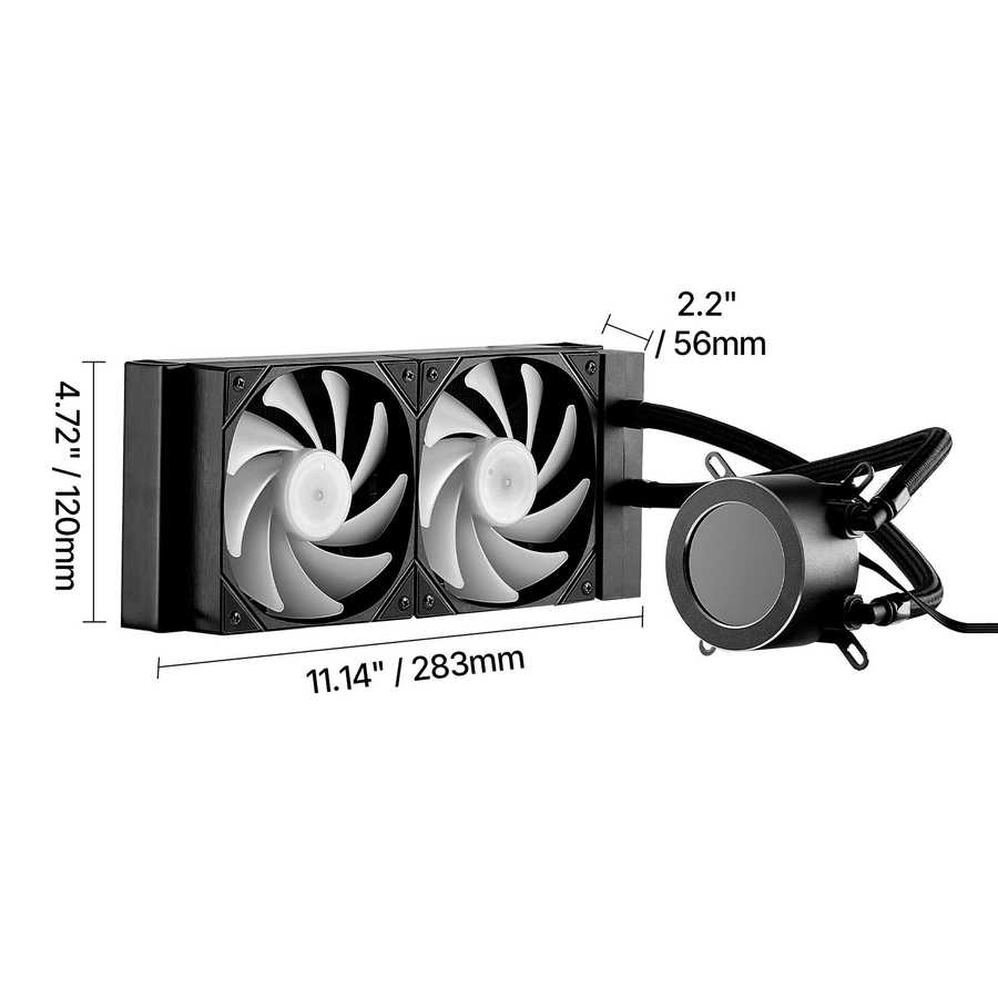 Computer cooling system with fans and pump, showing dimensions on a white background