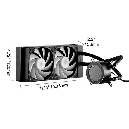 Computer cooling system with fans and pump, showing dimensions on a white background