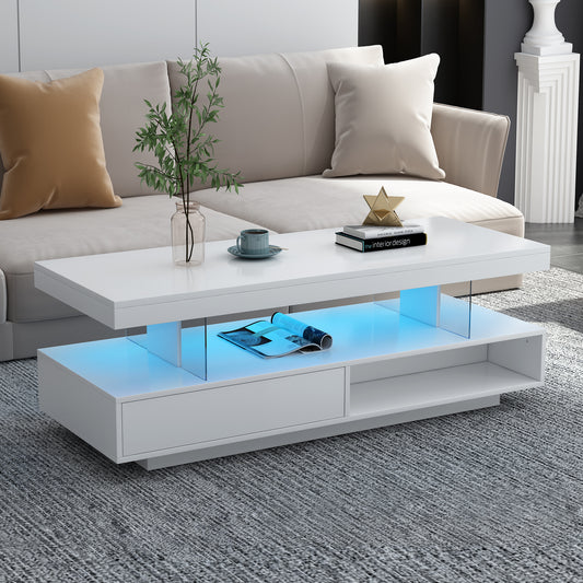 U-Can LED Coffee Table with Storage, Modern Center Table with 2 Drawers and Display Shelves, Accent Furniture with LED Lights for Living Room,White MLNshops]