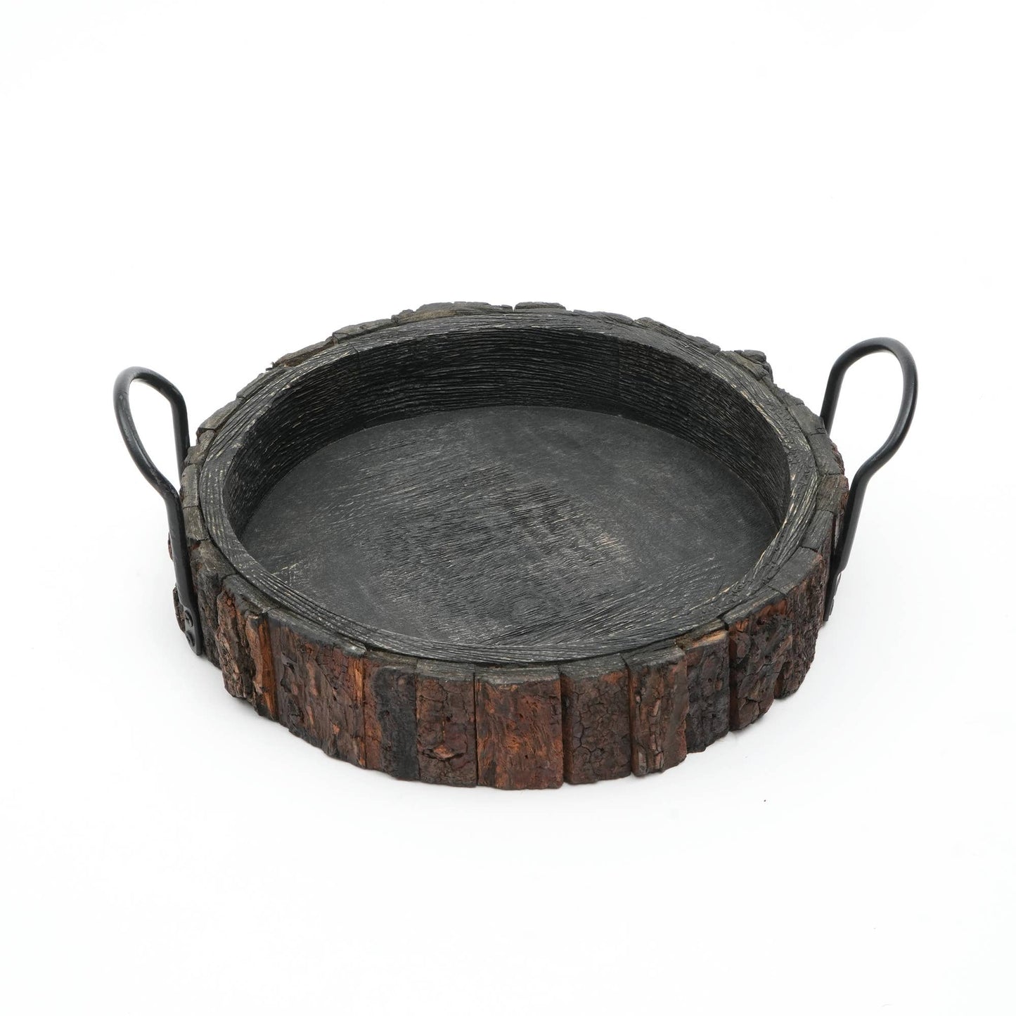 Single Cenecharl Mango Wood Decor and Serving Tray with dark wood finish, round shape, and rugged bark-style edge with metal handles.