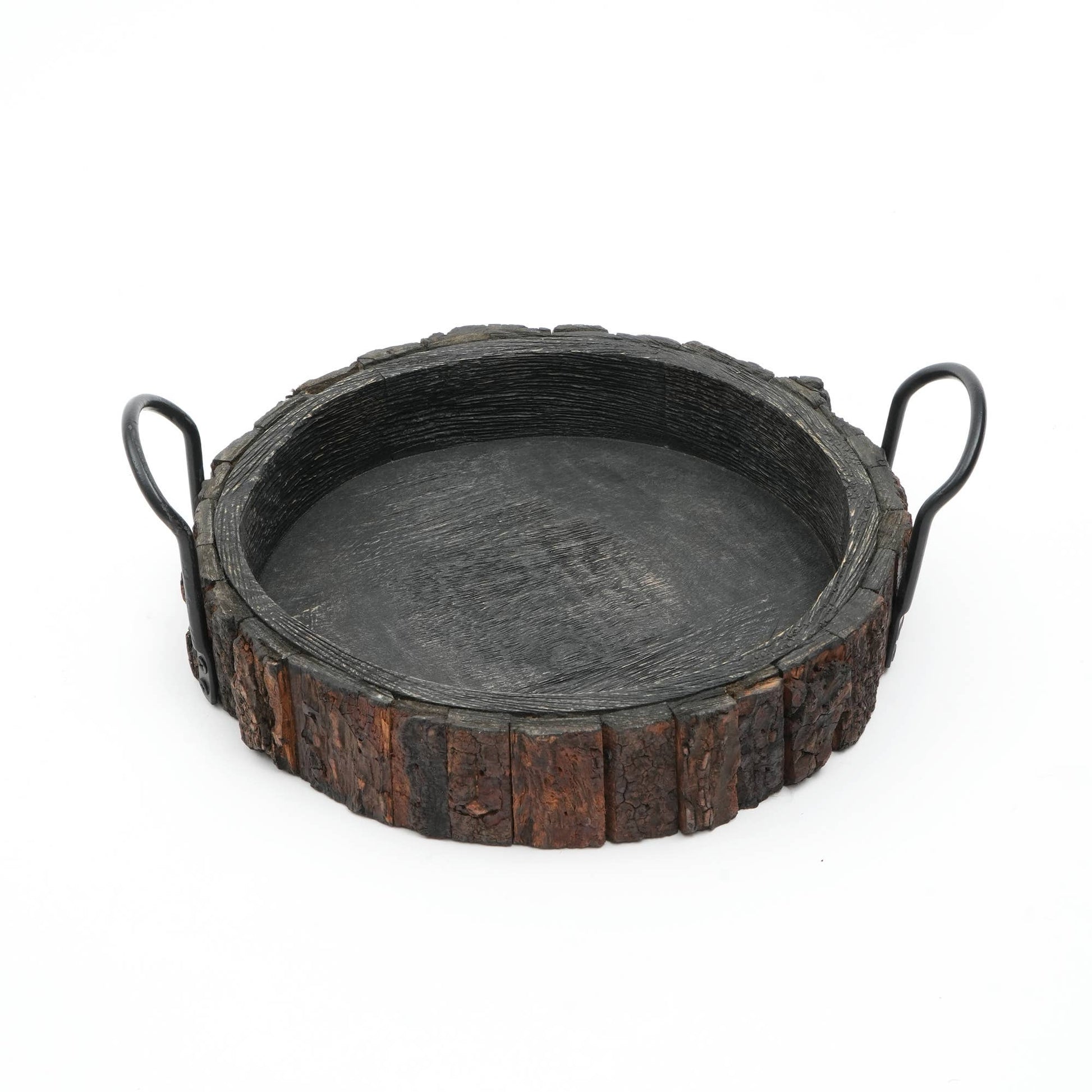 Single Cenecharl Mango Wood Decor and Serving Tray with dark wood finish, round shape, and rugged bark-style edge with metal handles.
