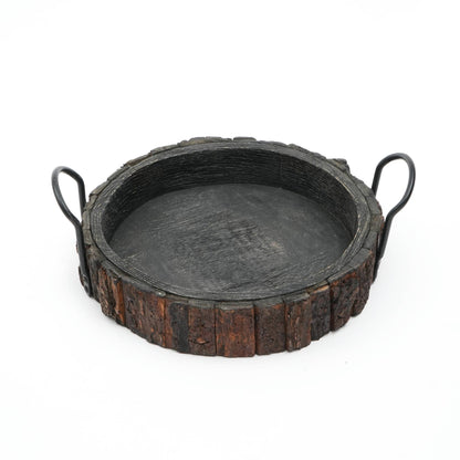 Single Cenecharl Mango Wood Decor and Serving Tray with dark wood finish, round shape, and rugged bark-style edge with metal handles.