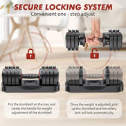 Secure locking system on Compact Adjustable Dumbbell Set 22.5lb ensures safe one-step weight adjustment and lifting stability.