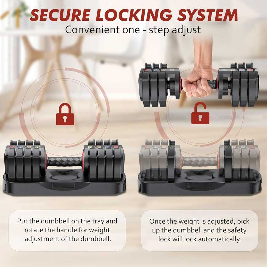 Secure locking system on Compact Adjustable Dumbbell Set 22.5lb ensures safe one-step weight adjustment and lifting stability.