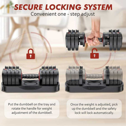 Secure locking system on Compact Adjustable Dumbbell Set 22.5lb ensures safe one-step weight adjustment and lifting stability.