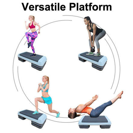 Versatile aerobic stepper platform used for various exercises like lunges, squats, and yoga, ideal for full-body workouts.