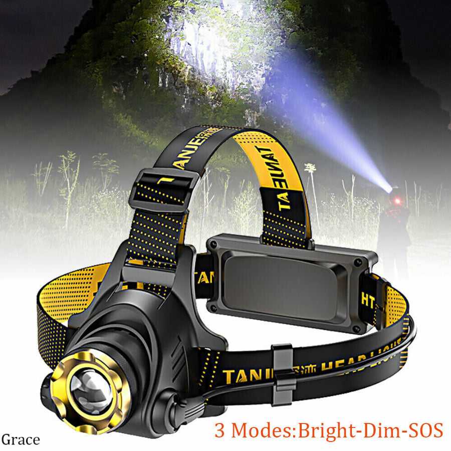 Rechargeable LED headlamp with 3 modes: bright, dim, and SOS. Designed for hiking, camping, and outdoor adventures.