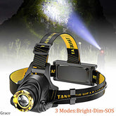 Rechargeable LED headlamp with 3 modes: bright, dim, and SOS. Designed for hiking, camping, and outdoor adventures.