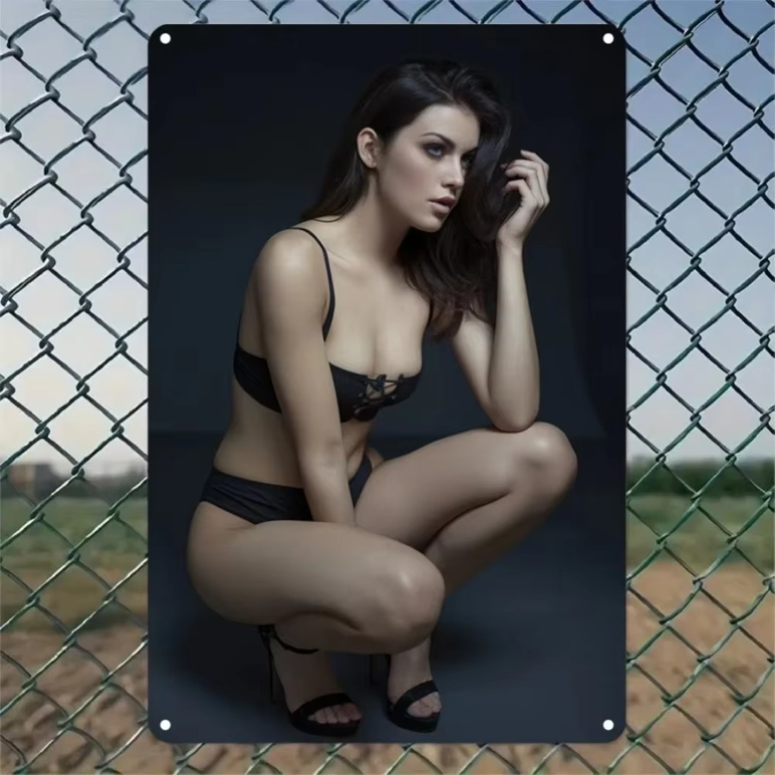 CIFbuy Retro Aluminum Wall Decor featuring a 2D design of a woman in black lingerie, mounted on a chain-link fence for outdoor display.