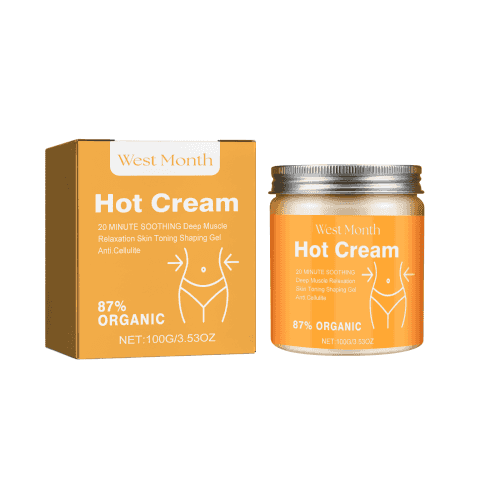 West Month Hot Cream packaging with jar and box on a white background