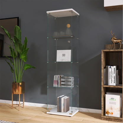 Lighted 4 Shelves Glass Cabinet Glass Display Cabinet with One Door, White