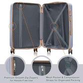 Open suitcase with interior details and features highlighted on a white background