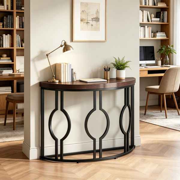 A curved console table with a dark wood top and black metal frame featuring three large interlocking oval motifs, styled in a home office setting.
