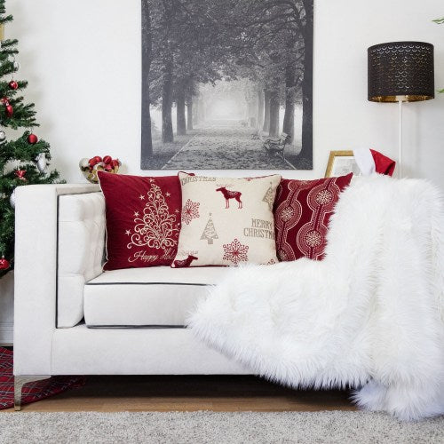 Merry Christmas Embroidered Poly Linen Throw Pillow – 20x20' Holiday Cushion with Reindeer, Trees & Snowflakes