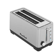Angled top view of PlumChef 4-Slice Toaster with Wide Slots, showing dual long slots and stainless steel finish for efficient toasting.