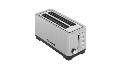 Angled top view of PlumChef 4-Slice Toaster with Wide Slots, showing dual long slots and stainless steel finish for efficient toasting.