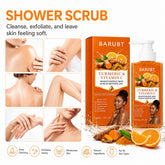BARUBT Turmeric & Vitamin C Shower Scrub gel shown with its orange box and pump bottle on a white background, alongside before/after skin care photos and feature icons. The product packaging is orange with white text and citrus imagery.