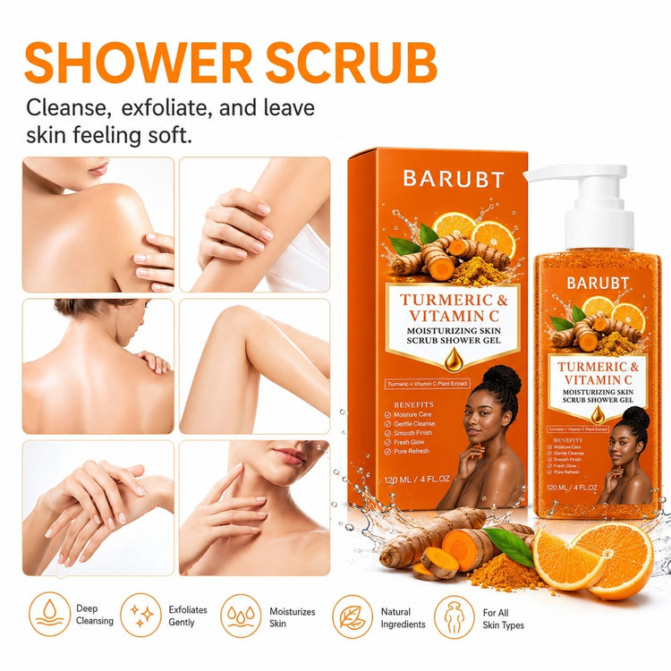 BARUBT Turmeric & Vitamin C Shower Scrub gel shown with its orange box and pump bottle on a white background, alongside before/after skin care photos and feature icons. The product packaging is orange with white text and citrus imagery.