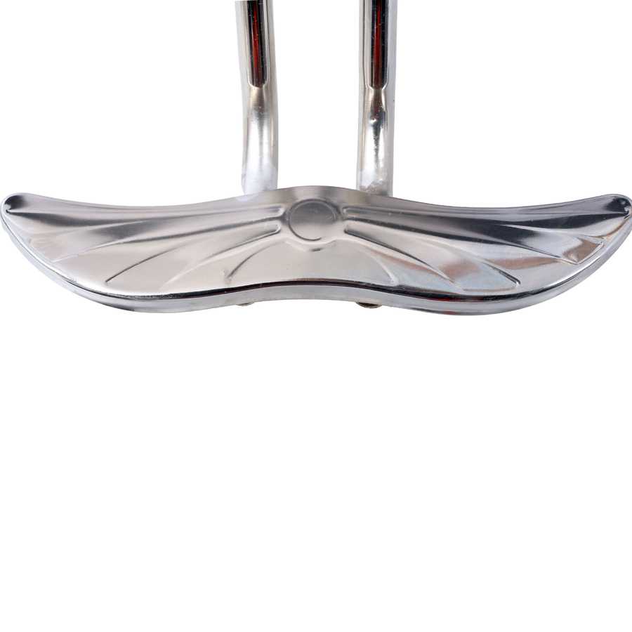 Close-up of chrome footrest on Heavy Duty Barber Chair, showcasing durable construction and stylish design for salon use.