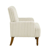 White ribbed armchair with wooden legs on a white background