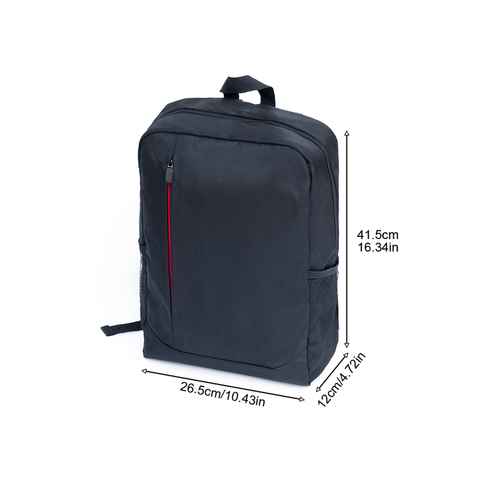 Black backpack with dimension markings showing measurements of 41.5cm in height, 26.