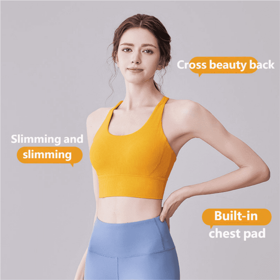 Yoga Clothes Top - Slim Fit with cross beauty back, built-in chest pad, and slimming design in vibrant yellow for activewear crop top lovers.